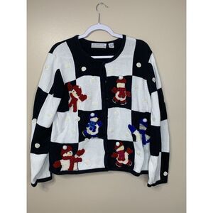 Vtg Classics By Marisa‎ Christina 3D Christmas Sweater Black White Snowmen Sz XL